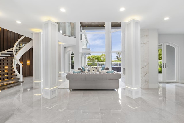 living room with light tile patterned flooring