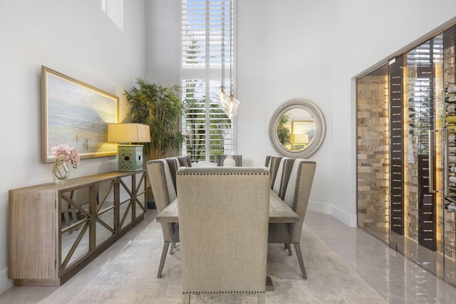 dining room with a high ceiling, baseboards, and floor to ceiling windows