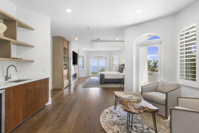 living room with dark hardwood / wood-style flooring and sink