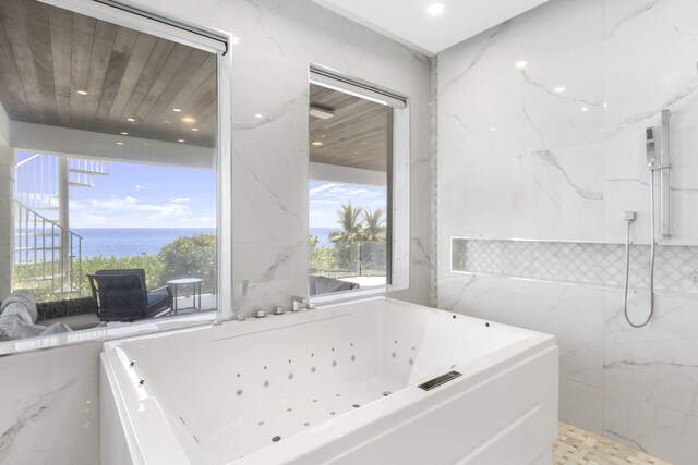 bathroom with wood ceiling, tile walls, a water view, and independent shower and bath