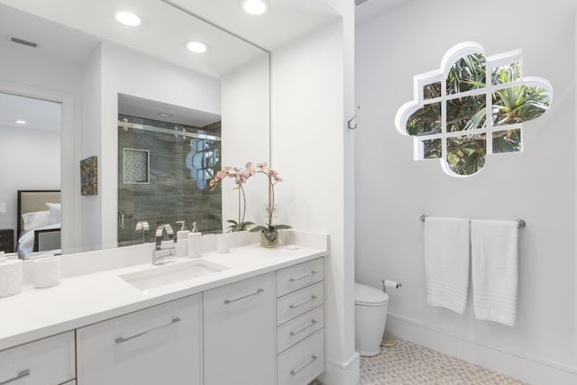 bathroom featuring recessed lighting, visible vents, toilet, a shower stall, and vanity