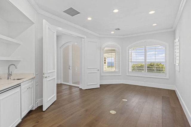 unfurnished room featuring dark wood-type flooring, a sink, visible vents, and crown molding