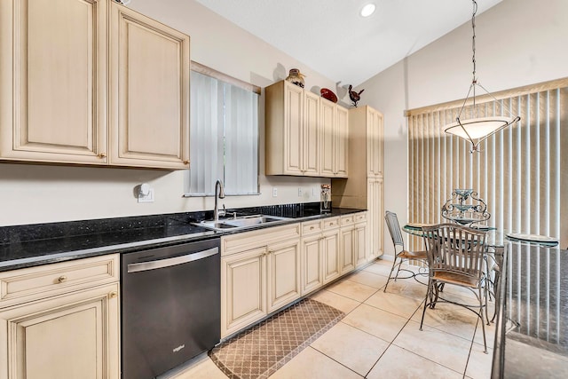 kitchen with dark stone countertops, sink, hanging light fixtures, vaulted ceiling, and stainless steel dishwasher