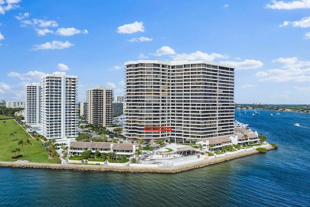 exterior space with a water view