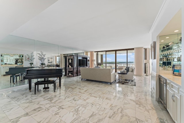 living room with expansive windows, ornamental molding, and beverage cooler