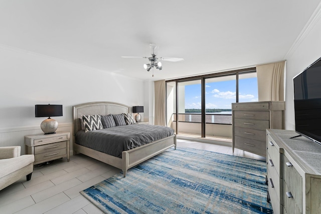 100 Lakeshore Dr Unit 457, North Palm Beach, FL 33408 - bedroom featuring access to exterior, light tile patterned floors, crown molding, floor to ceiling windows, and ceiling fan