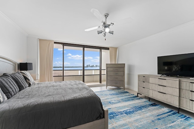 100 Lakeshore Dr Unit 457, North Palm Beach, FL 33408 - bedroom with access to exterior, crown molding, a wall of windows, ceiling fan, and baseboards