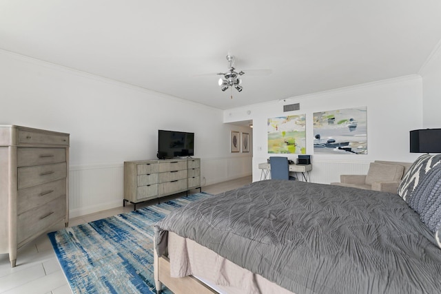 100 Lakeshore Dr Unit 457, North Palm Beach, FL 33408 - bedroom with crown molding, wainscoting, a ceiling fan, and light tile patterned flooring