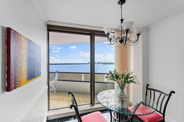 100 Lakeshore Dr Unit 457, North Palm Beach, FL 33408 - dining area featuring a chandelier, a water view, and crown molding