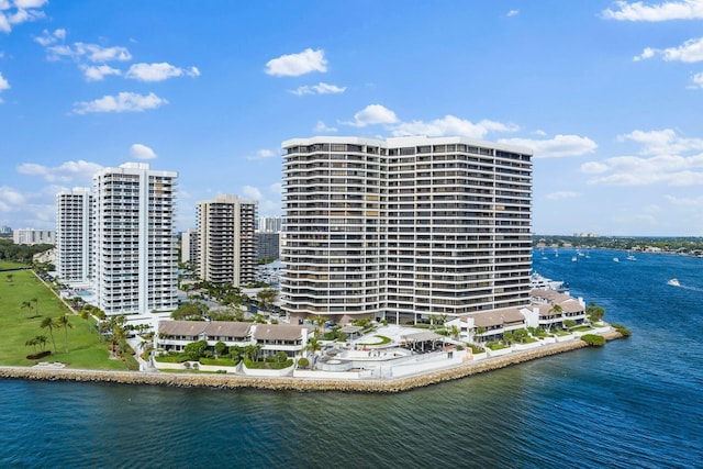 exterior space with a water view