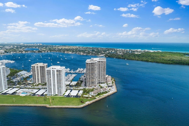 drone / aerial view featuring a water view