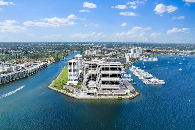 drone / aerial view featuring a water view