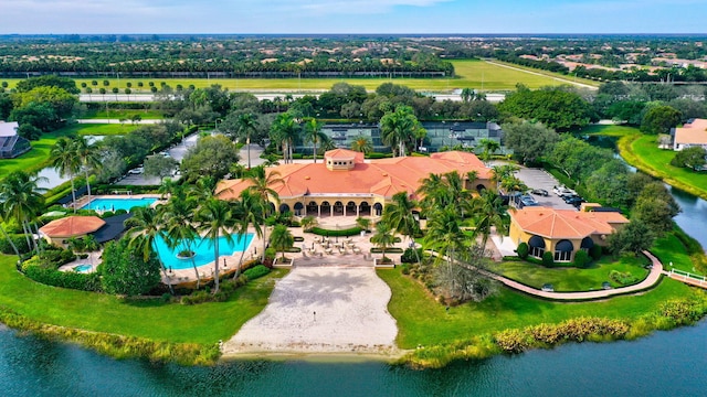 drone / aerial view with a water view