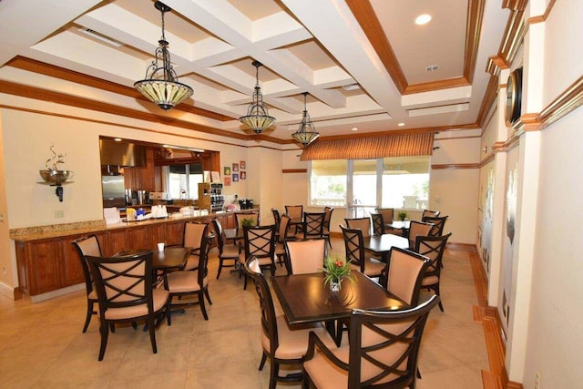 dining space featuring beam ceiling, ornamental molding, coffered ceiling, and light tile patterned flooring