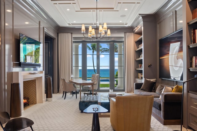 carpeted office with crown molding and a notable chandelier