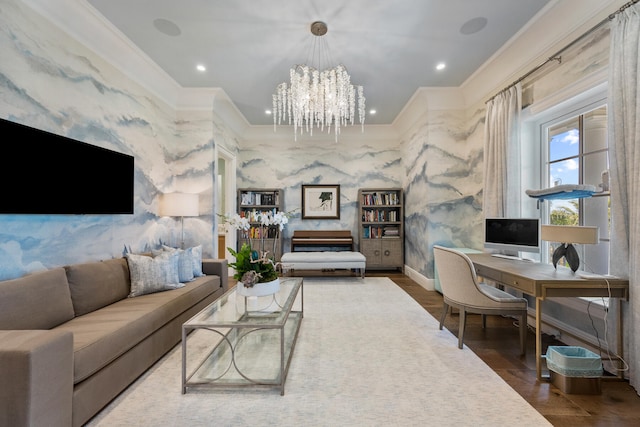 living room with ornamental molding, dark wood-type flooring, and a chandelier