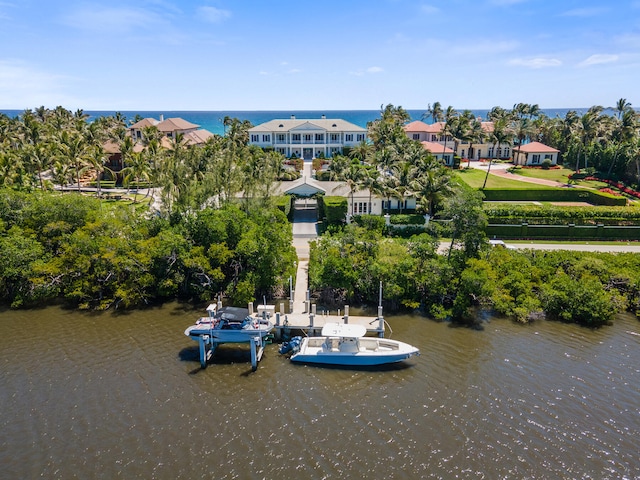 bird's eye view with a water view