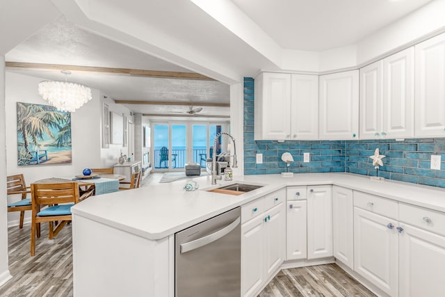 kitchen featuring white cabinets, light hardwood / wood-style floors, sink, kitchen peninsula, and stainless steel dishwasher