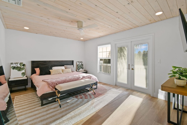 bedroom with french doors, access to exterior, ceiling fan, wood ceiling, and light hardwood / wood-style floors