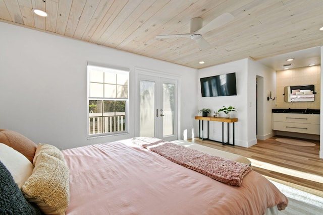 bedroom with light hardwood / wood-style flooring, ceiling fan, and wooden ceiling