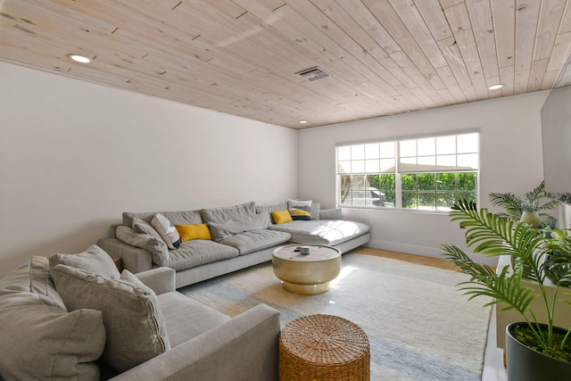 living room featuring wood ceiling