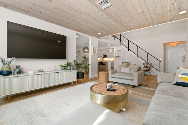 living room with wood ceiling and wood-type flooring