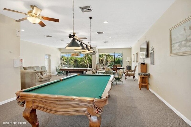 game room featuring carpet flooring, billiards, and ceiling fan