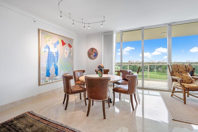 dining area with expansive windows, crown molding, and track lighting