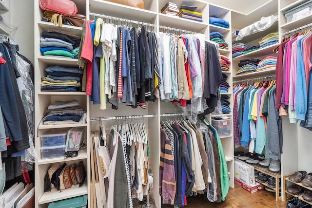 walk in closet with hardwood / wood-style flooring