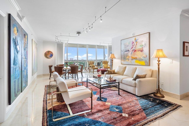 tiled living room featuring a wall of windows, rail lighting, and ornamental molding