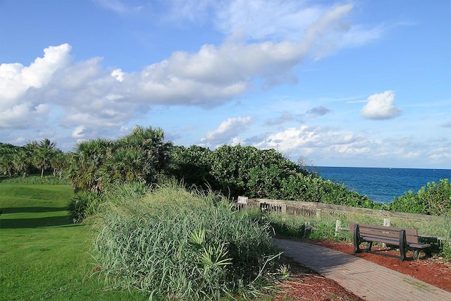 view of community featuring a lawn and a water view