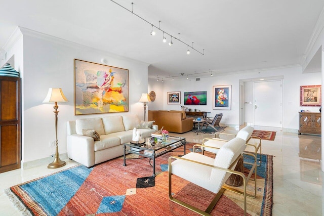 living room featuring light tile patterned floors, rail lighting, and ornamental molding