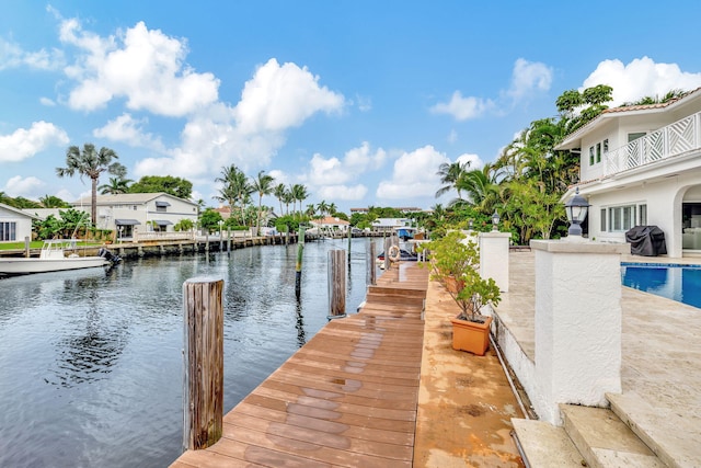 view of dock with a balcony and a water view