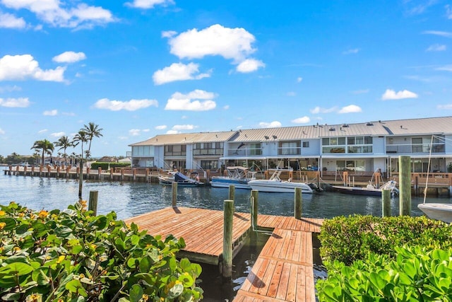 dock area with a water view and a residential view