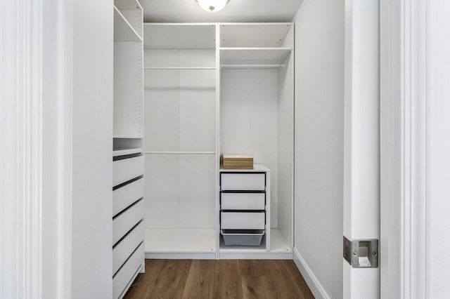 walk in closet with dark wood-style floors