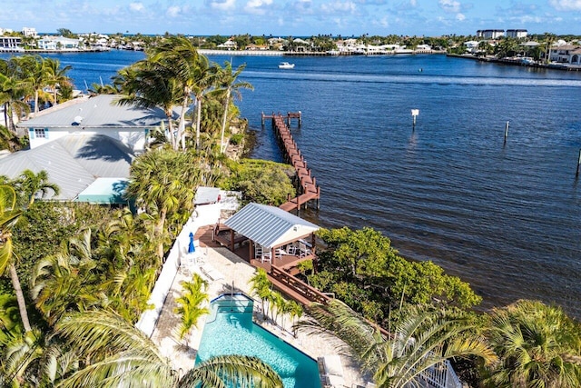 birds eye view of property featuring a water view