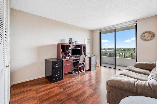 office with dark hardwood / wood-style flooring and a textured ceiling