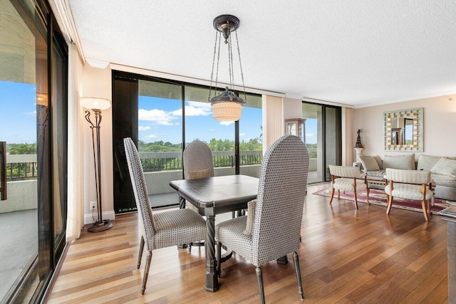 dining room featuring a textured ceiling, floor to ceiling windows, and light wood-type flooring