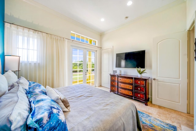 bedroom featuring french doors and crown molding