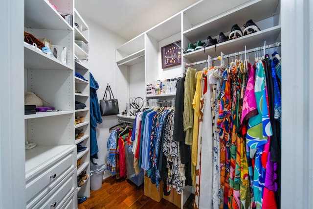 walk in closet with dark wood-type flooring