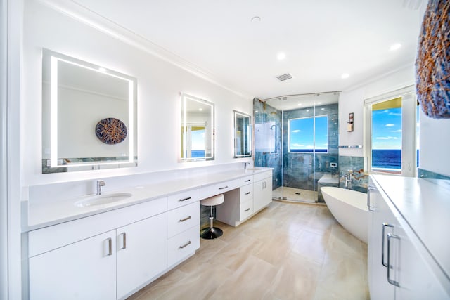 bathroom with vanity, plus walk in shower, and crown molding