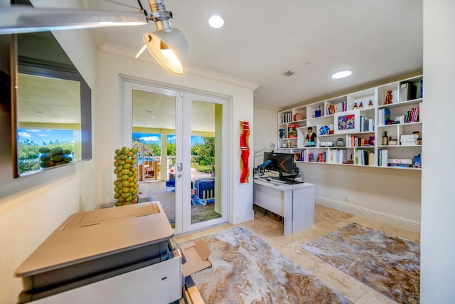 office space featuring french doors and ornamental molding