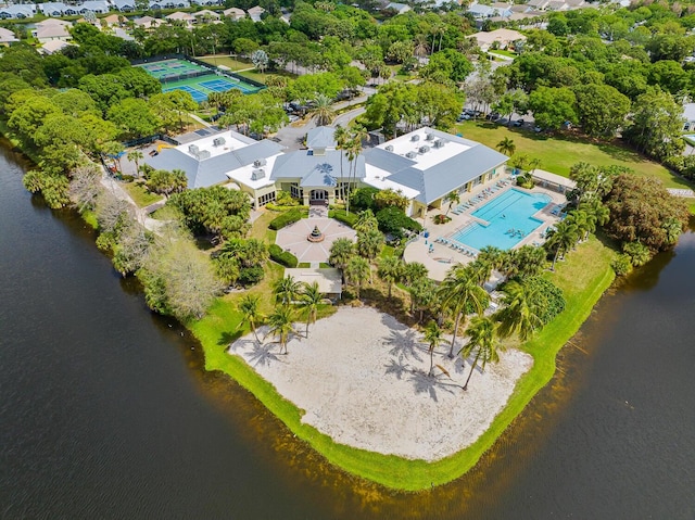 drone / aerial view with a water view