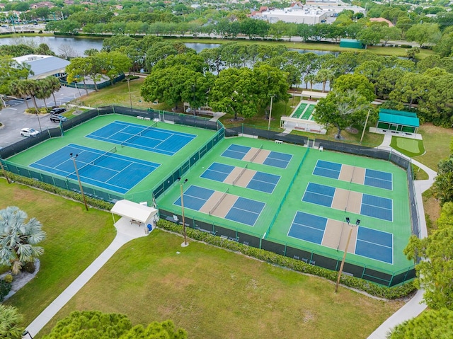 birds eye view of property featuring a water view