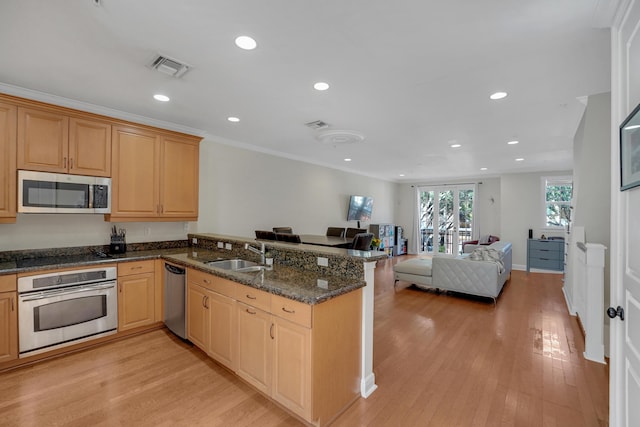 kitchen with dark stone counters, open floor plan, a peninsula, stainless steel appliances, and a sink