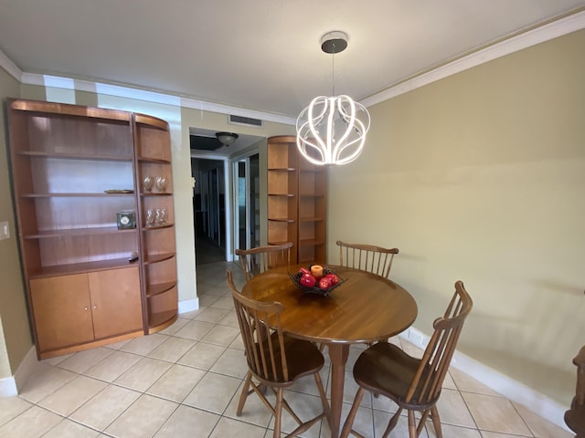 tiled dining space with ornamental molding and a notable chandelier