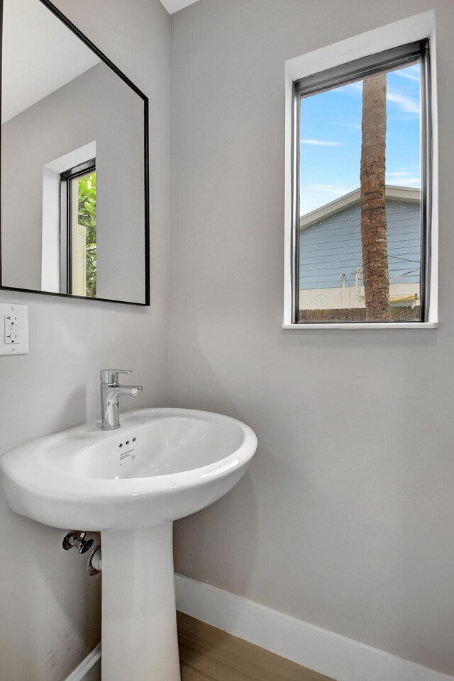 bathroom with hardwood / wood-style flooring