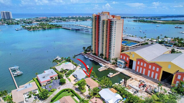 bird's eye view with a water view