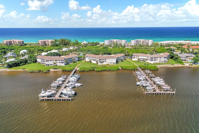 drone / aerial view featuring a water view