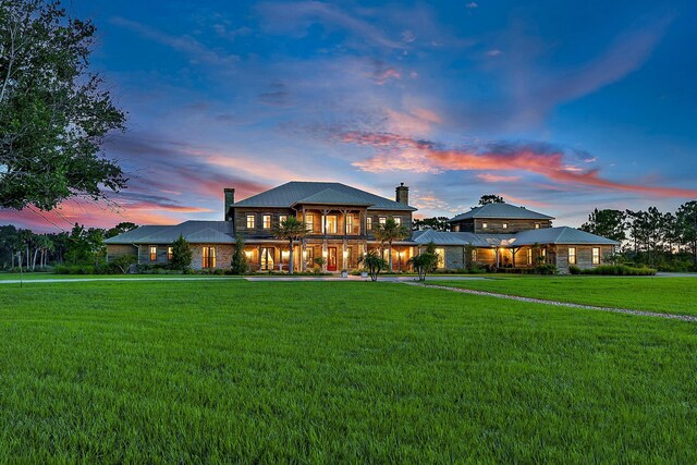 back house at dusk with a yard and covered porch